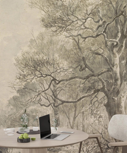 Soft Colored Village Forest Trees Wallpaper, Bohemian Trees Wall Mural, Peel and Stick Wallpaper, Mystic Room Design, Nature Wallpaper