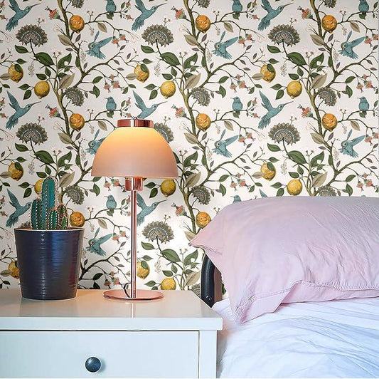 Lemon Trees and Blue Hummingbird Wallpaper, Floral Wallpaper, Romantic Wall Mural, Orchard Wallpaper, Illustration Drawing Wallpaper