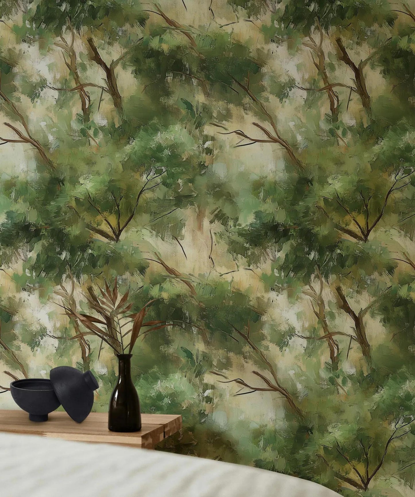 Oil Paint Look Green Trees Wallpaper, Abstract Nature Wallpaper, Boho Wallpaper, Peel & Stick Wall Mural, Canvas Look Wallpaper
