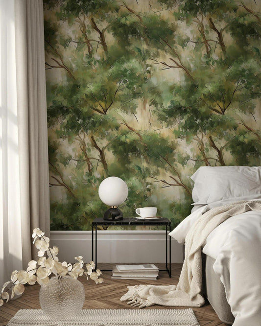 Oil Paint Look Green Trees Wallpaper, Abstract Nature Wallpaper, Boho Wallpaper, Peel & Stick Wall Mural, Canvas Look Wallpaper