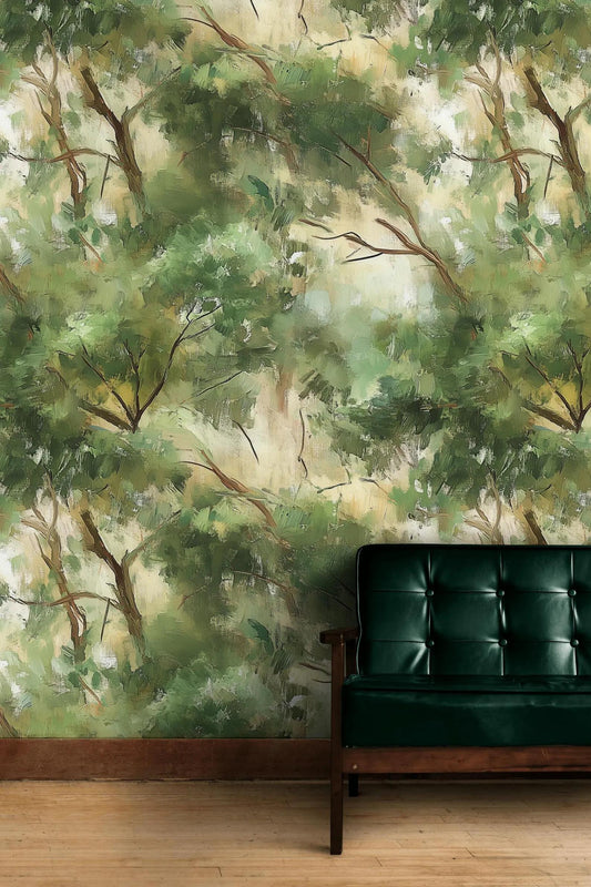 Oil Paint Look Green Trees Wallpaper, Abstract Nature Wallpaper, Boho Wallpaper, Peel & Stick Wall Mural, Canvas Look Wallpaper