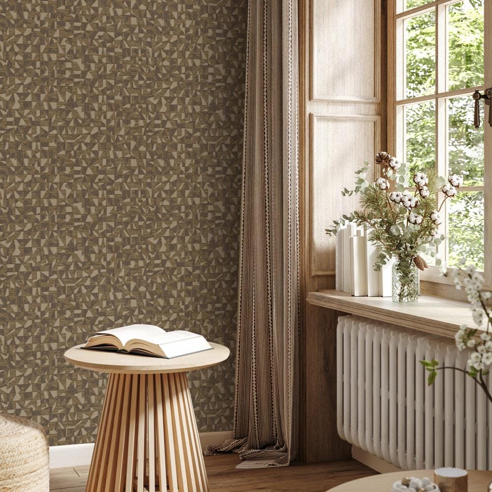 Luxurious Texture Brown With Gold Tone Embossed Wallpaper, Abstract Geometric Pattern Wall Mural, Modern Elegant Secret Shine Wallpaper
