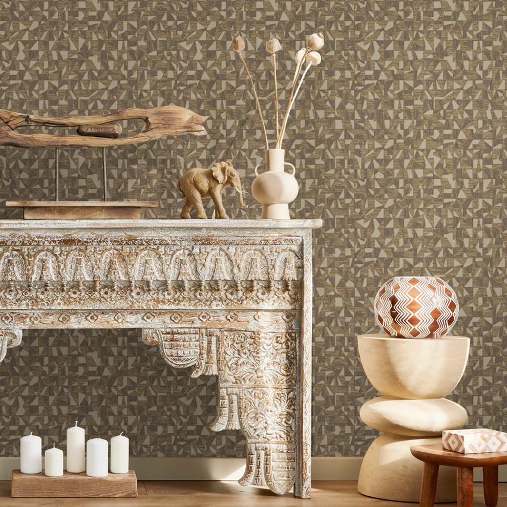 Luxurious Texture Brown With Gold Tone Embossed Wallpaper, Abstract Geometric Pattern Wall Mural, Modern Elegant Secret Shine Wallpaper