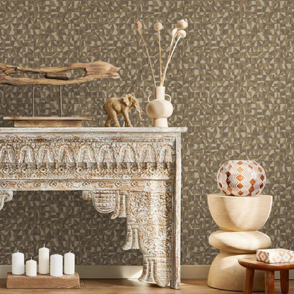 Luxurious Texture Brown With Gold Tone Embossed Wallpaper, Abstract Geometric Pattern Wall Mural, Modern Elegant Secret Shine Wallpaper
