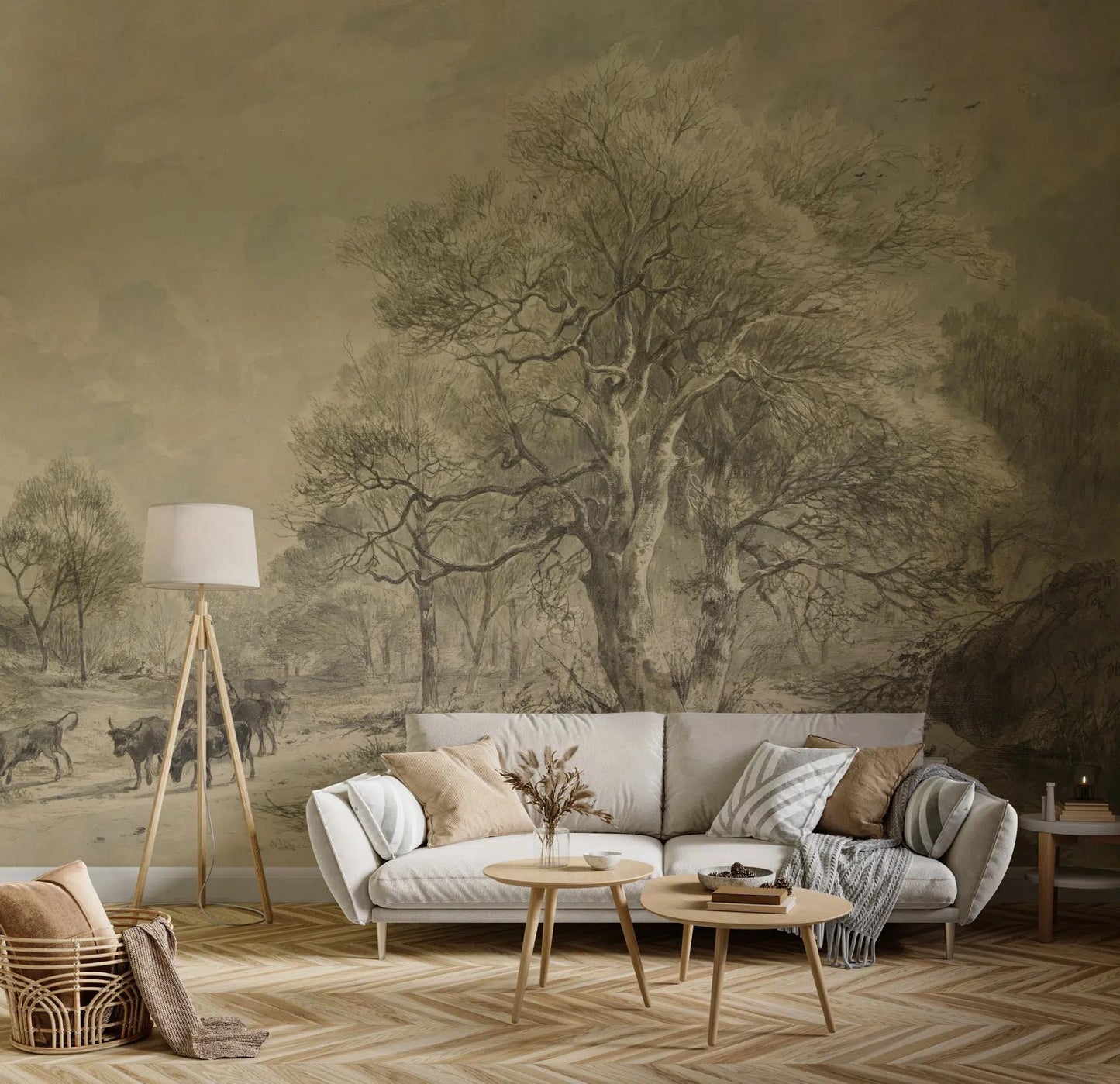 Soft Colored Village Forest Trees Wallpaper, Bohemian Trees Wall Mural, Peel and Stick Wallpaper, Mystic Room Design, Nature Wallpaper