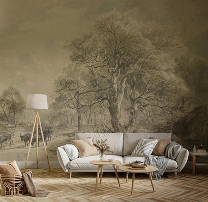 Soft Colored Village Forest Trees Wallpaper, Bohemian Trees Wall Mural, Peel and Stick Wallpaper, Mystic Room Design, Nature Wallpaper