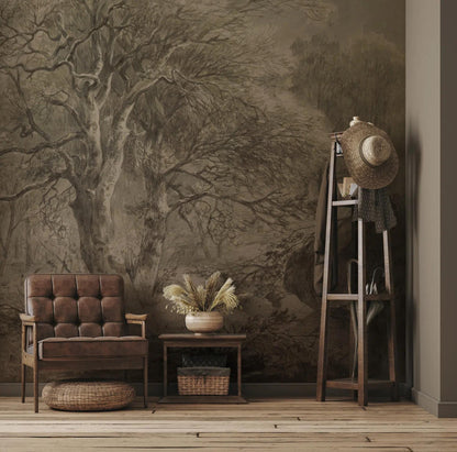 Soft Colored Village Forest Trees Wallpaper, Bohemian Trees Wall Mural, Peel and Stick Wallpaper, Mystic Room Design, Nature Wallpaper