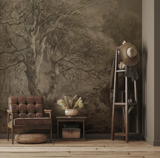 Soft Colored Village Forest Trees Wallpaper, Bohemian Trees Wall Mural, Peel and Stick Wallpaper, Mystic Room Design, Nature Wallpaper