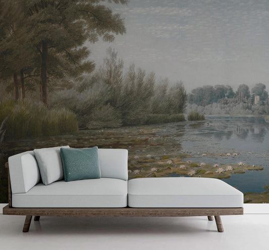 Lotus Flower Lake View Wallpaper, Nature Tual Wallpaper, Nature Landscape Mural, Painting Wall Mural, Peel & Stick Wallpaper, Tree Wallpaper