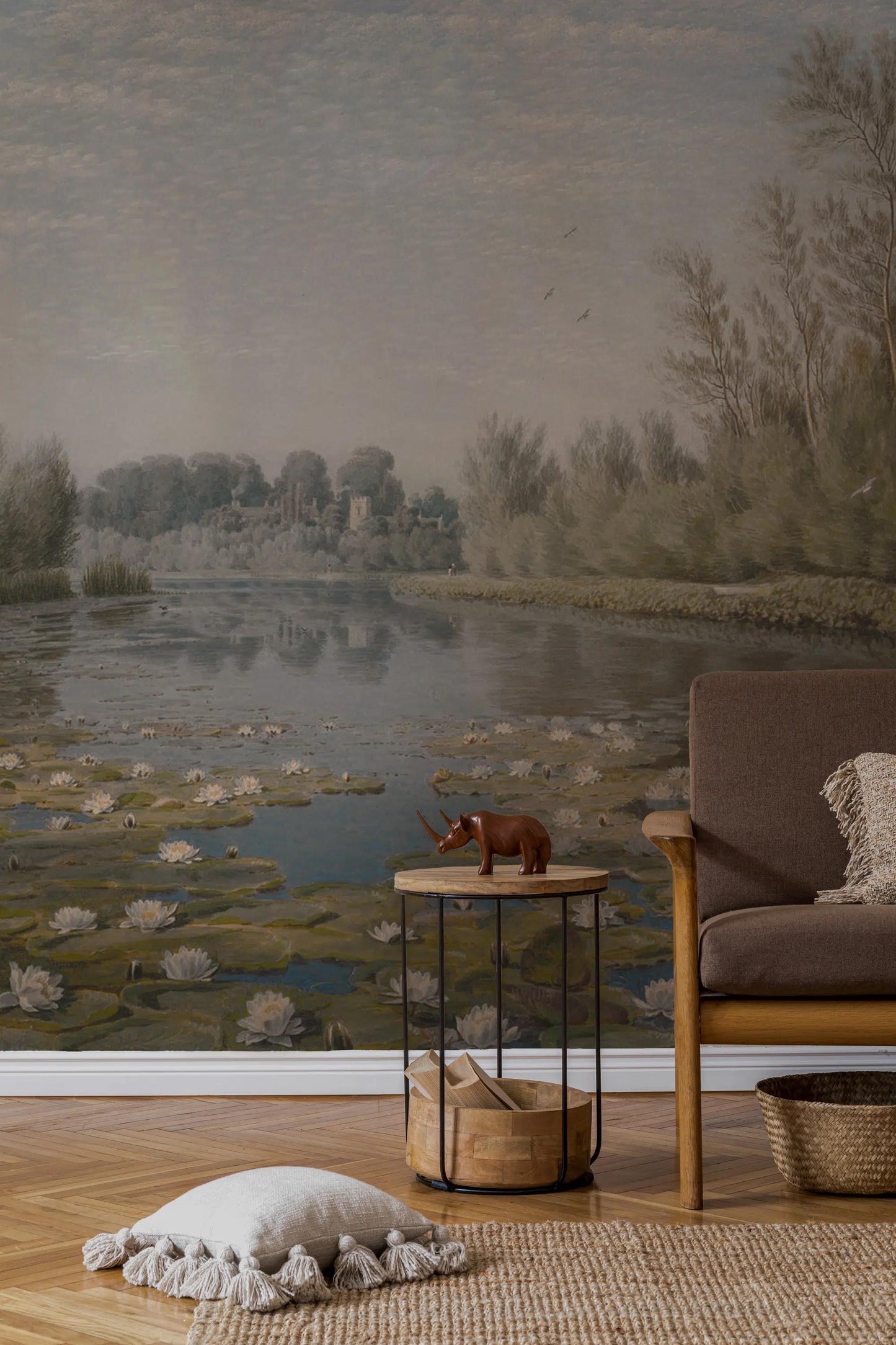 Lotus Flower Lake View Wallpaper, Nature Tual Wallpaper, Nature Landscape Mural, Painting Wall Mural, Peel & Stick Wallpaper, Tree Wallpaper