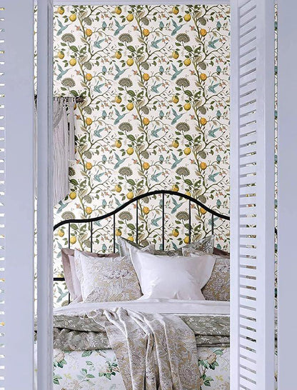 Lemon Trees and Blue Hummingbird Wallpaper, Floral Wallpaper, Romantic Wall Mural, Orchard Wallpaper, Illustration Drawing Wallpaper