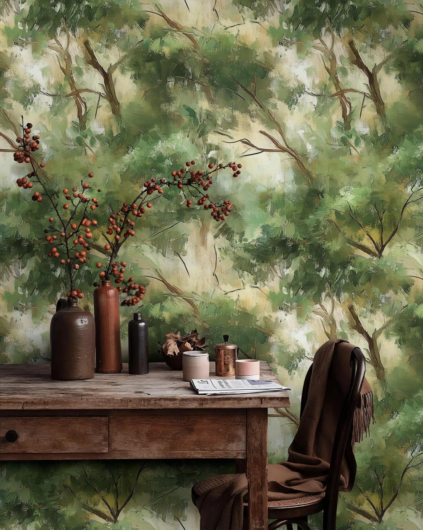 Oil Paint Look Green Trees Wallpaper, Abstract Nature Wallpaper, Boho Wallpaper, Peel & Stick Wall Mural, Canvas Look Wallpaper