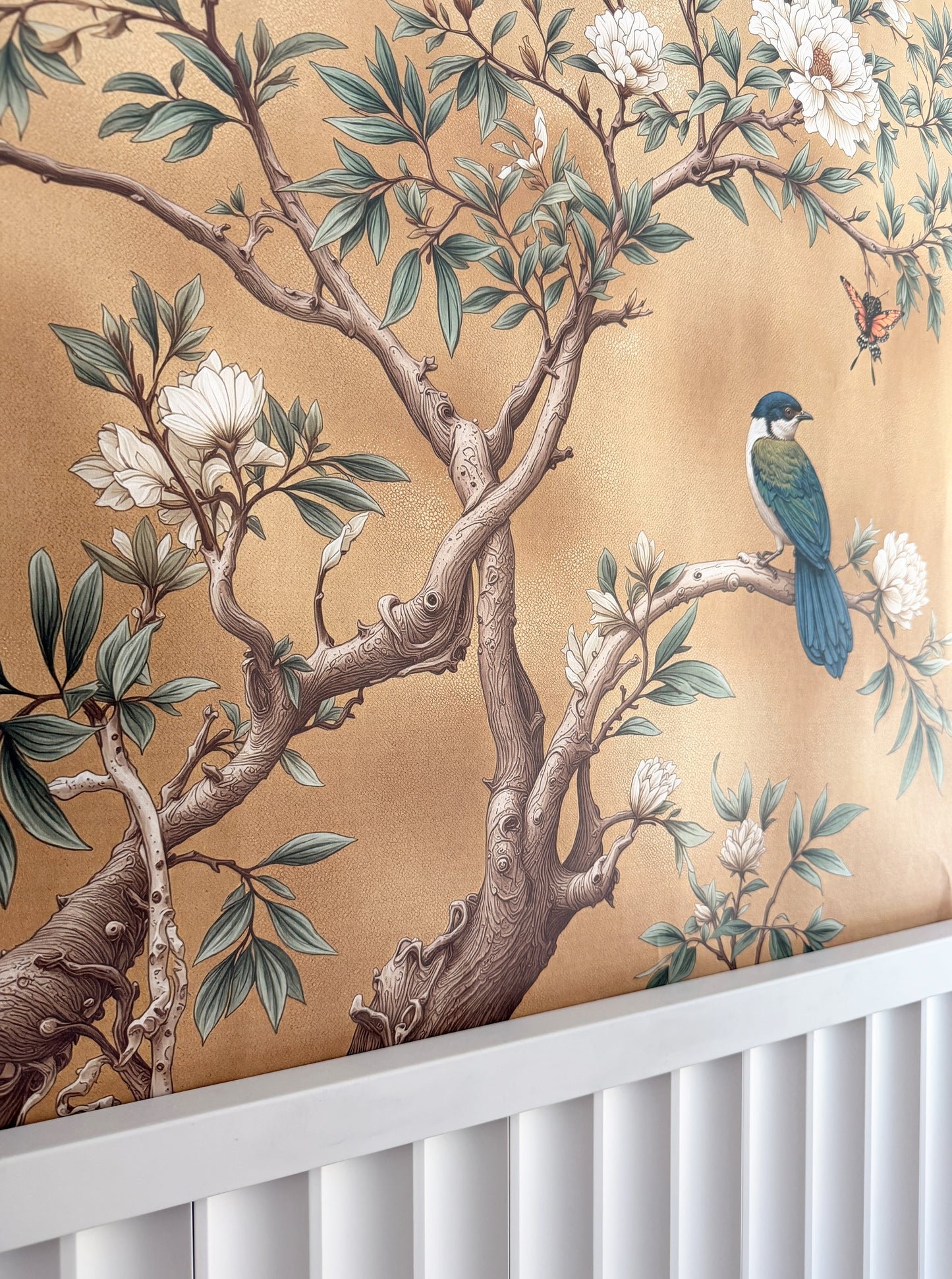 Elegant Chinoiserie Floral Wallpaper with Birds & Butterflies