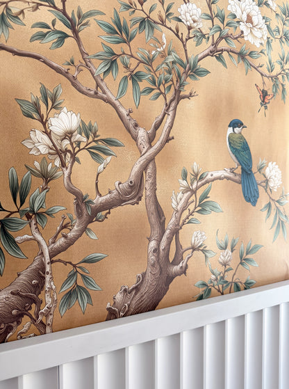 Elegant Chinoiserie Floral Wallpaper with Birds & Butterflies