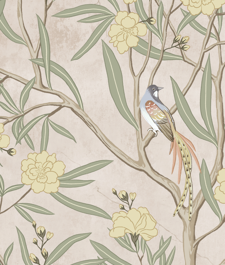 Vintage Chinoiserie Botanical Wallpaper – Peel and Stick Floral Bird Wall Mural in Neutral Beige