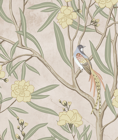 Vintage Chinoiserie Botanical Wallpaper – Peel and Stick Floral Bird Wall Mural in Neutral Beige