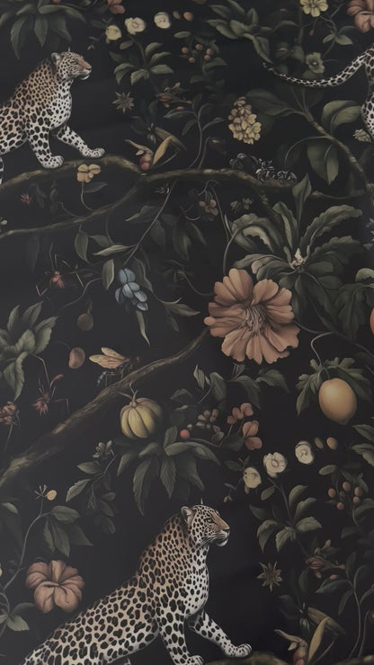 Dark Jungle Tropical Wallpaper – Leopard, Exotic Fruits & Botanical Mural