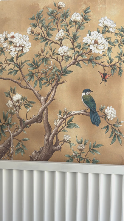 Elegant Chinoiserie Floral Wallpaper with Birds & Butterflies