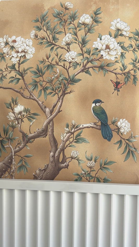 Elegant Chinoiserie Floral Wallpaper with Birds & Butterflies