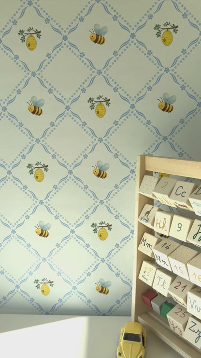 Honey Bee Cottage Wallpaper – Soft Blue Nursery Wallpaper | Vintage Bee & Beehive Peel and Stick Baby Boy Wallpaper