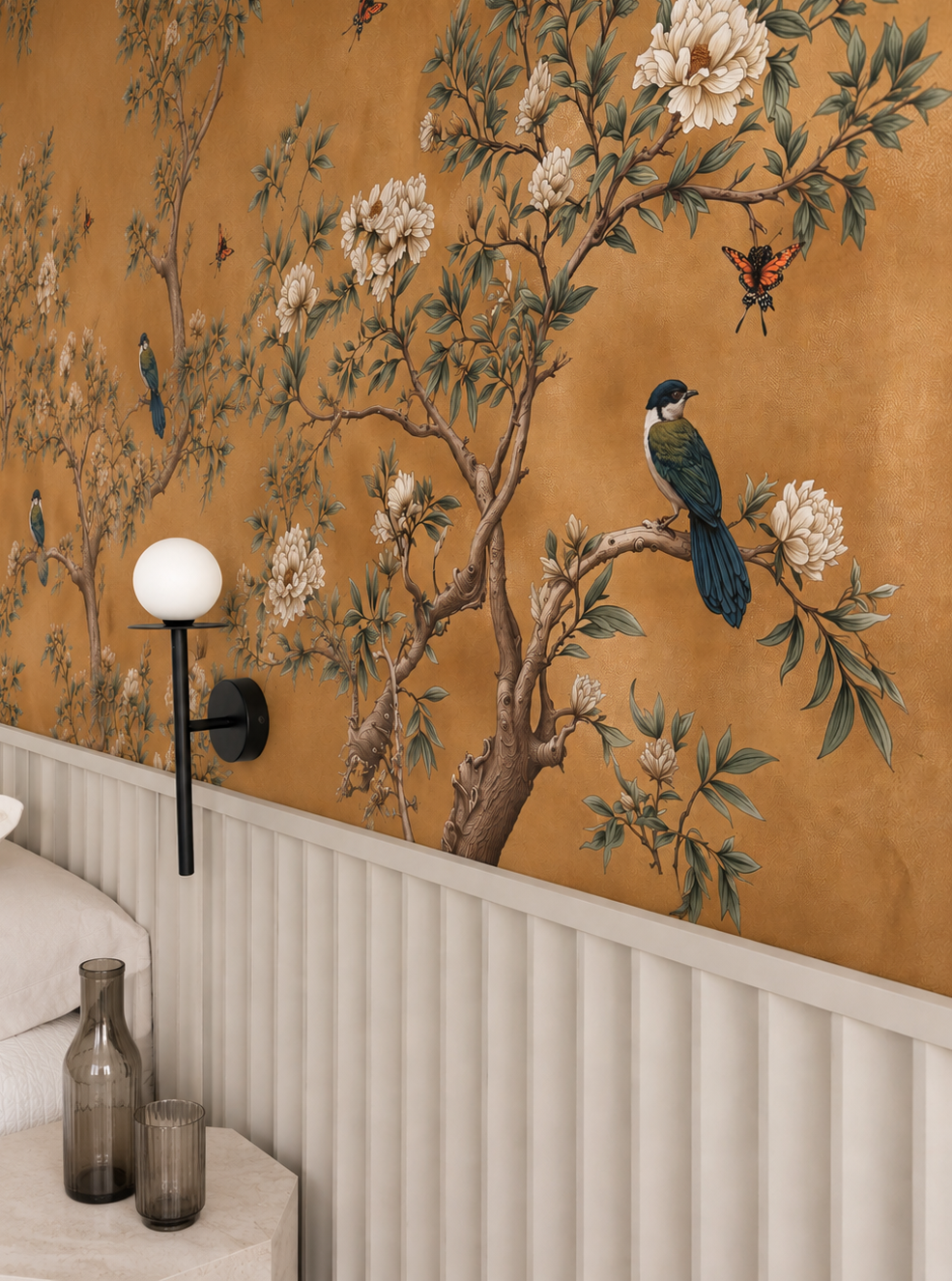 Elegant Chinoiserie Floral Wallpaper with Birds & Butterflies