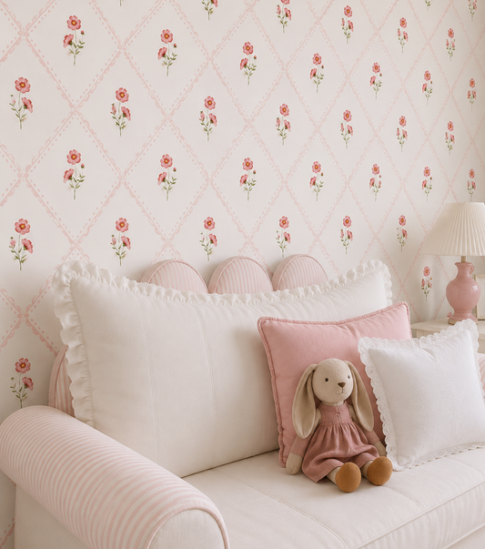 Vintage Pink Floral Trellis Wallpaper | Cottagecore Floral Pattern Peel and Stick Wallpaper